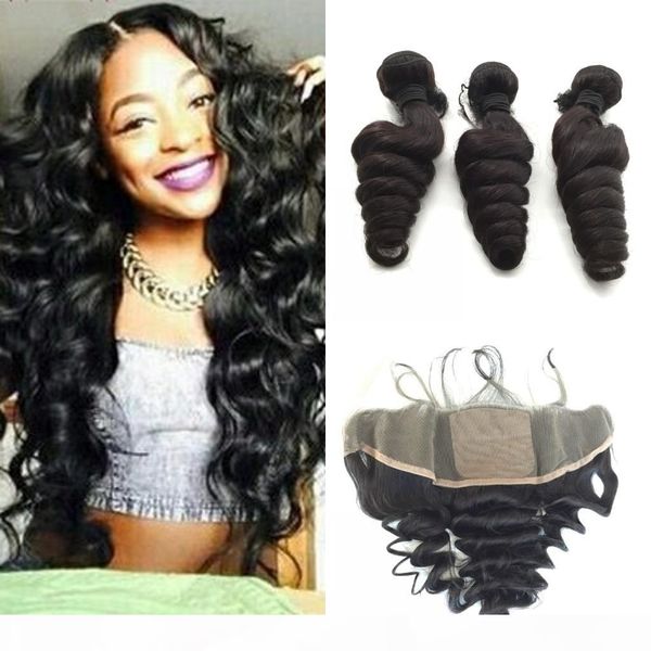 

brazilian hair loose wave silk base lace frontal with 3 bundlessilk lace frontal closure with human hair wefts, Black