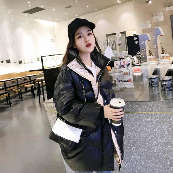 

warm winter thicken glossy down parka for women glossy silver black parka women harajuku bf loose jacket windbreaker coat f13641, Tan;black