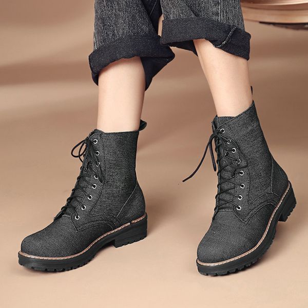 

2021 new autumn winter round toe ankle boots cross-tied square heel fashion quality denim women shoes size 34-43 av13, Black