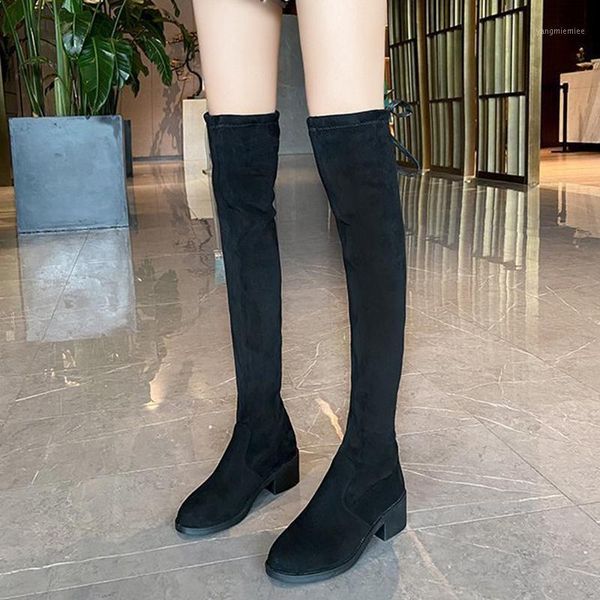 

lucyever slim fit elastic flock over the knee boots women shoes square heels thigh high boots woman warm winter shoes lady1, Black