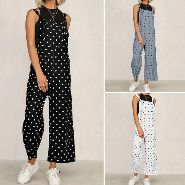 

summer jumpsuits 2020 women polka dot long rompers sleeveless backless casual wide leg pants pantalon femme plus size 5xl, Black;white
