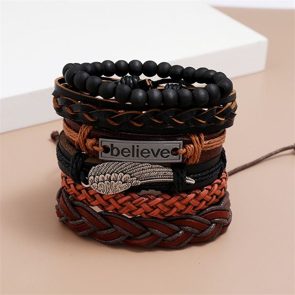 

european and american leather rope bracelet set creative diy fashion multi-layer men's bracelet jewelry 6 pieces / lot. adjustable leng, Golden;silver