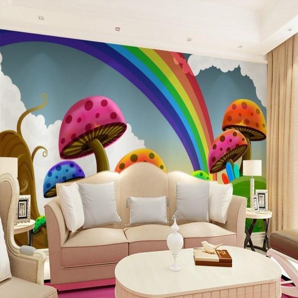 Venda por atacado- papel de parede a sala de estar sofá tv fundo papel de parede bonito arco-íris cogumelo desenhos animados de papel 3d papel mural rainbow1