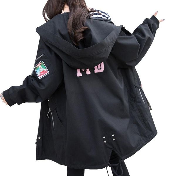 

2020 new spring autumn women loose windbreaker plus size casual coat code ladies long fat boutique fashion female jacket l-4xl, Tan;black