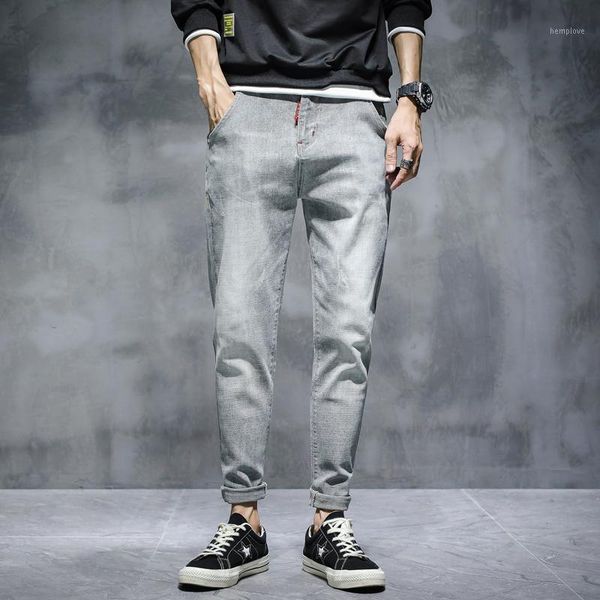 

winter men student thicken warm harem jeans gray fashion straight stretch denim long trousers male casual cropped pencil pants1, Blue