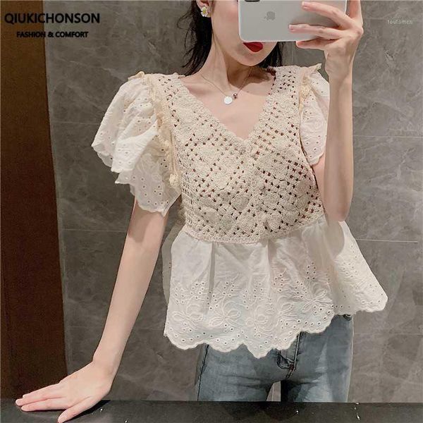 

vintage style v-neck hollow out crochet lace patchwork ruffle blouse women summer embroidery crop peplum ladies1, White