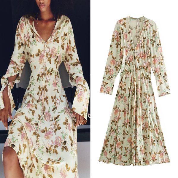 

2021 new woman floral print midi dress women v-neck long sleeves vents on the cuffs hem side vent casual laddies dresses xqc8, Black;gray