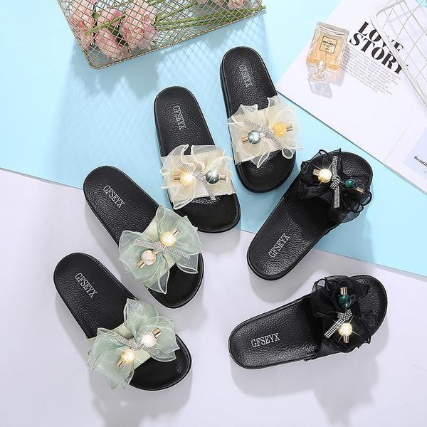 

summer women bowknot beach slippers lady bathroom non-slip platform home slides female comfortable thick sole sandals shoes1, Black