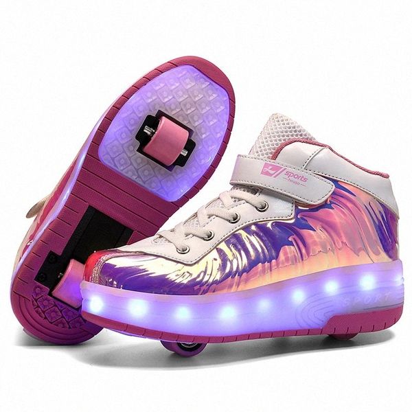 

children two wheels luminous glowing sneakers black red pink led light roller skate shoes kids led shoes boys girls usb charging #ur47