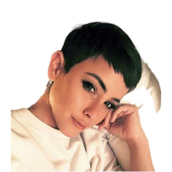 

short pixie cut wig colored brazilian none lace front human hair wigs part machine wigs for women, Black;brown