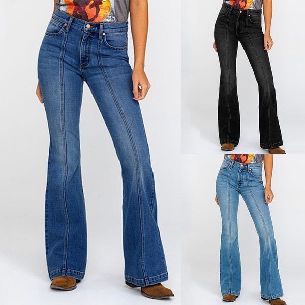 

women jean straight type women mid waisted denim mom jeans embroidery stretch button flare pants jeans simple pants for1, Blue