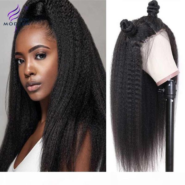 

modern show hair peruvian kinky straight wigs yaki lace front human hair wigs perruque naturelle pre plucked remy wig 150%, Black;brown