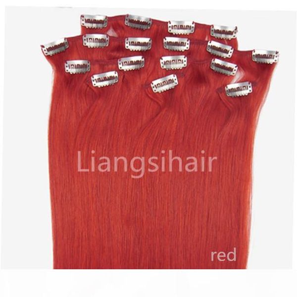 

factory wholesale 18" 80g "-22" 100g red color 8pcs clip in hair brazilian indian straight remy human hair extensions bundl, Black;brown