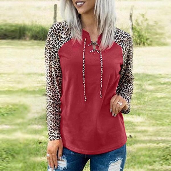

t-shirt women's autumn new european and american leopard pattern splicing neckline cross lace up long sleeve women's 2511143, White