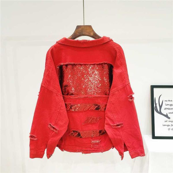 

denim jackets women fashion sequins jeans coat loose long sleeve ripped hole jeans jacket outwear female plus size streetwear1, Black;brown