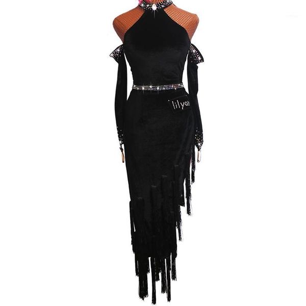 

new latin dance costume of 2020 spandex tassel rhinestones latin dance dress for women competition dresses black1, Black;red