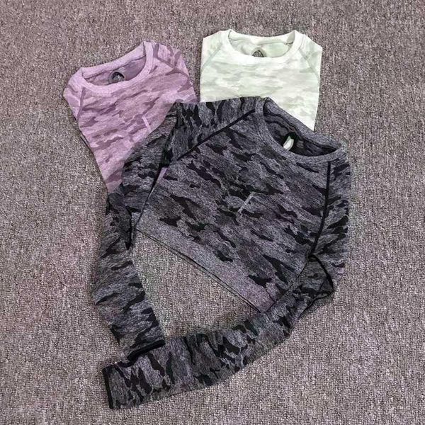 

yoga outfits women camouflage crop seamless long sleeve workout shirts cropped fitness running sport t-shirts tight gym sportswear1, White;red