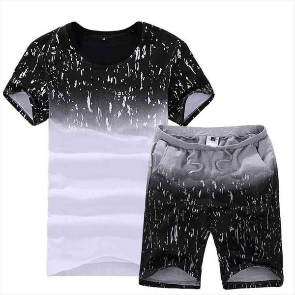 

summer mens print tracksuit casual short sets men cotton sports suit t-shirt shorts 2 piece sets brand sportswear outfits, Gray