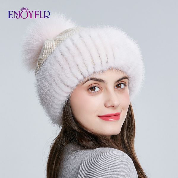 

enjoyfur winter mink fur knitted wool hats for women fox fur pompom slouchy beanies fashion warm style caps for youth 201027, Blue;gray