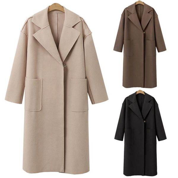 

women long sleeve lapel pocket woolen coat one button solid autumn winter long cashmere coat, Black