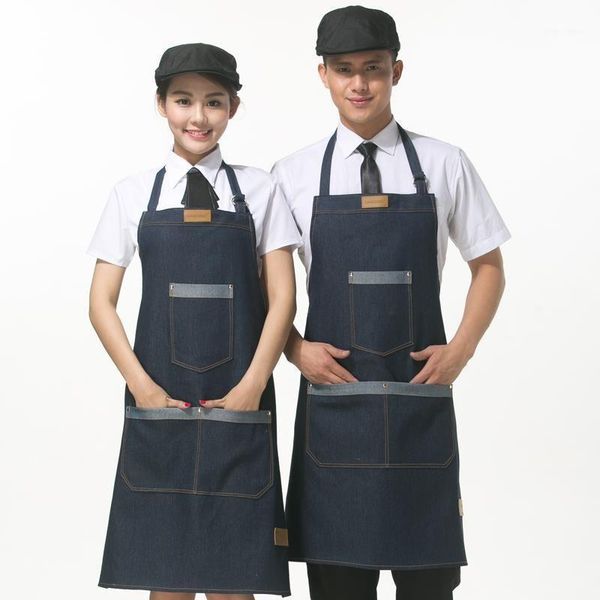 

fashion denim apron kitchen restaurant work apron with 3 pockets antifouling cowboy chef cooking aprons kitchen workers supplies1