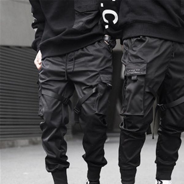 

multi pocket cargo pants harem joggers harajuku sweatpant hip hop men ribbons color block black casual trousers high quality