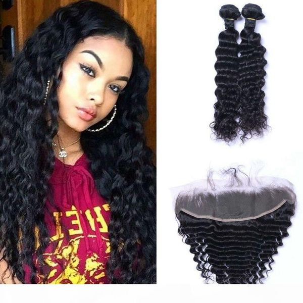 

lace малазийский девы человеческих волос фронтальная закрытие с 2 связки deep wave связки волос с фронтальным, Black;brown