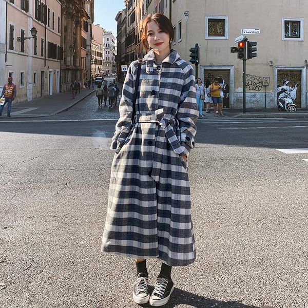 

2020 female jacket autumn winter mid-length knee-high plaid woolen women coat loose casual thickened warm woollen overcoat a91, Black