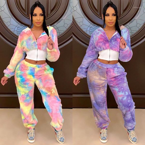 

winter tracksuit plush clothes set for women's cotton soft tie dye hoodies cardigan sweatshirt sweatpant outfit tie dye1, Gray