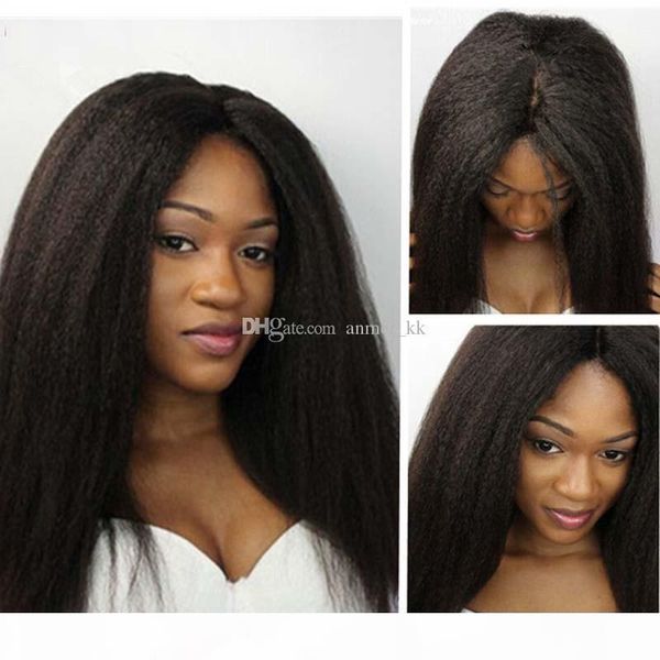 

kinky straight glueless full lace human hair wigs pre plucked brazilian remy italian yaki lace front human hair wig for women, Black;brown