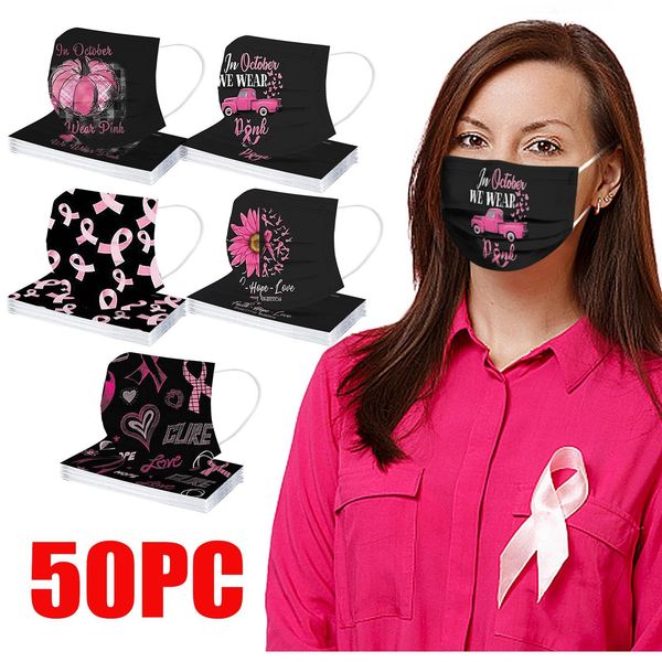 

100/50pc mscara fast delivery masque jetable headband women breast cancer awareness hope ribbon disposable 3-layer mask jllyje