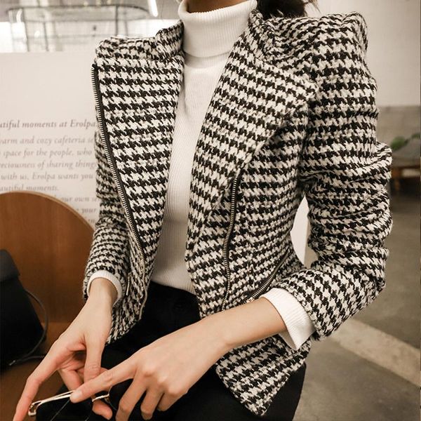 

autumn winter comfortable temperamental new arrival fashion fresh simple plaid work style zipper jacket, Black;brown