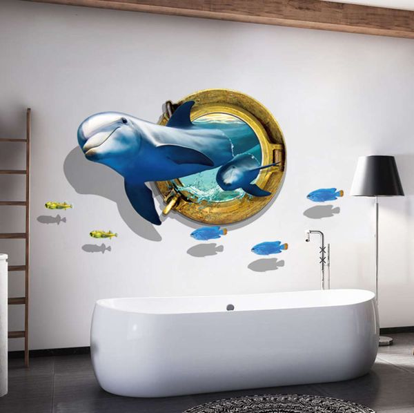 

3d ocean dolphin wallpaper bathroom toilet boy children's room bedroom bedside self paste painting decoration