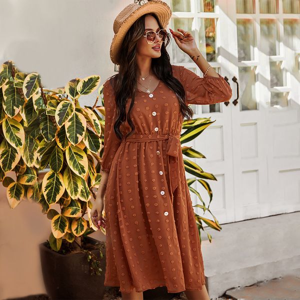

original womens clothing 2021 spring our popular long sleeve chiffon midi dress high waist temperament womens commuting wear, Black;gray