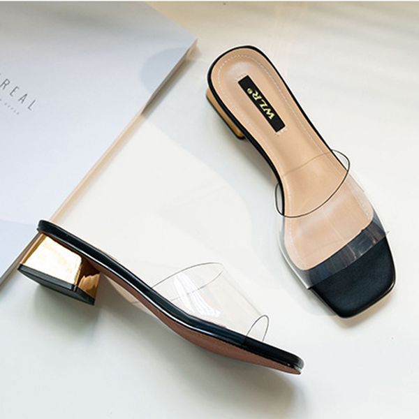 

thick square low heels shoes woman transparent sandals plus size 42/43 ladies flip flops ol nude sandalias mujer clear slippers, Black