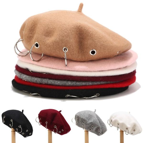

new autumn and winter retro fashion women's solid iron ring hole lovely vintage painter hat beret elegant retro 2020 #t2g, Blue;gray