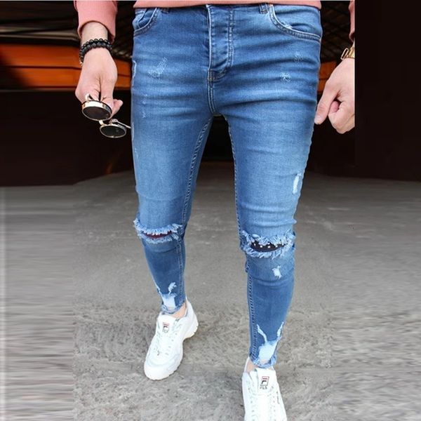 

men's hip hop leggings and jeans with holes, Blue