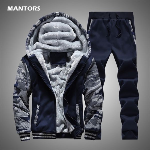 

men's hoodies tracksuit winter fleece camouflage suit warm velvet sweatshirt brand clothing men set jacket+pants 2pcs blue 201130, Gray