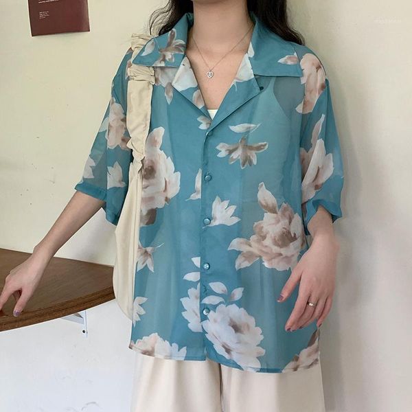 

fashion casual transparent beach shirts women floral blouses 2020 spring chiffon blouse short sleeve loose blusas mujer1, White