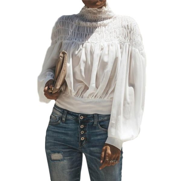 

spring autumn women's turleneck back lace-up chiffon blouse casual long sleeve solid color loose see-through smocked, White