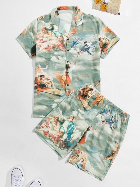 

men oil painting print shirt with shorts k96l#, Gray