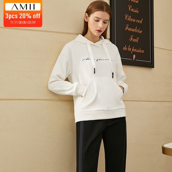 

amii minimalism winter fashion hoodies for women causal embroidery hooded fleece sweatshirt women pullover 12030258 201113, Black