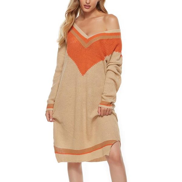 

autumn winter women fashion patchwork loose pullover v-neck long sleeve casual knitted oversized sweater long plus size#g3, White;black