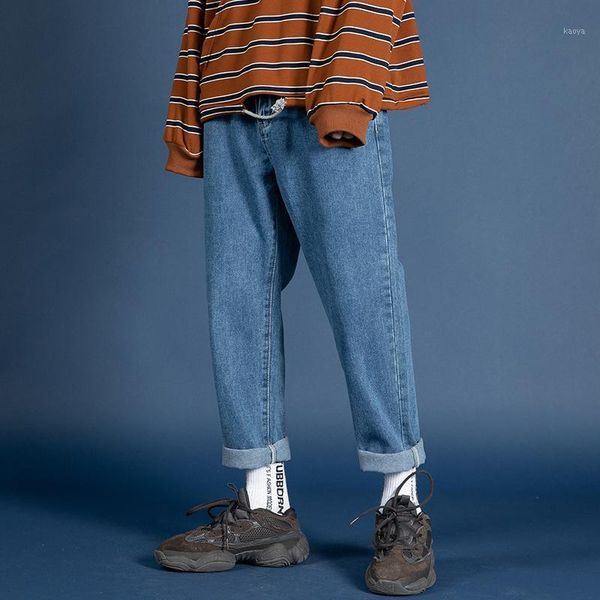 

2019 summer new korean retro wild nine-point pocket solid color loose large size men's casual neutral hole jeans1, Blue