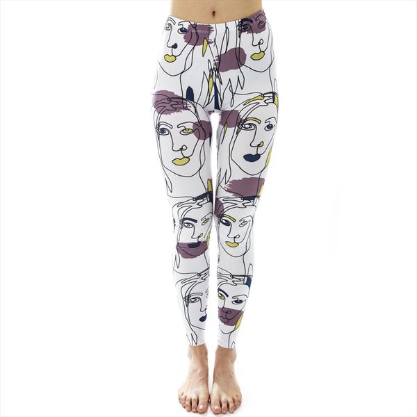 

women legging white line moody face printing leggings workout leggins fitness stretch bottoms slim pants, Black