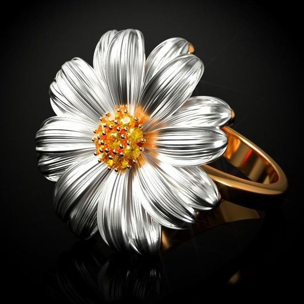 

fashion 18k yellow gold color chrysanthemum sunflower z ring elegant two tone engagement bridal ring trendy jewelry gift, Golden;silver