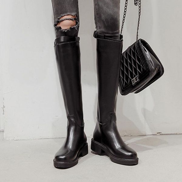 

колено high zipper сапоги зимние женщины knight straight длинные сапоги квадратные каблуки пряжки дизайнерские женщины черные кожаные ботинк, Black