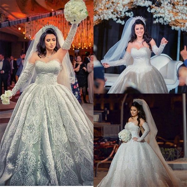 

real image muslim ball gown wedding dresses with detachable sleeves luxury lace appliqued plus size bridal gowns backless vestidos de novia, White