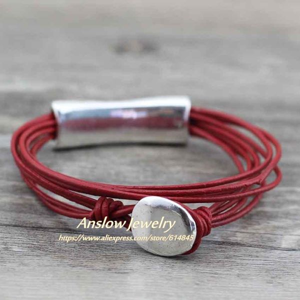 

anslow марка top качество vinatge ретро провода wrap ручной работы оптовая кожаный браслет для женщин мужчины бесплатная доставка подарков l, Golden;silver