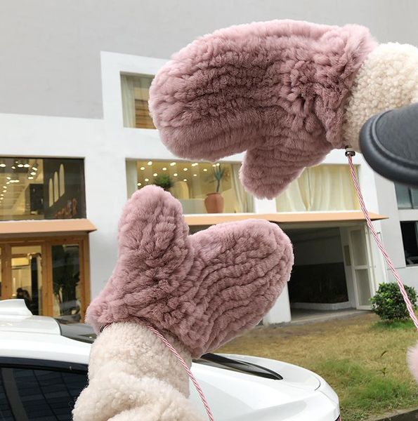

five fingers gloves 2021 fxfurs fashion korean rex fur winter warm real women' finger cute, Blue;gray